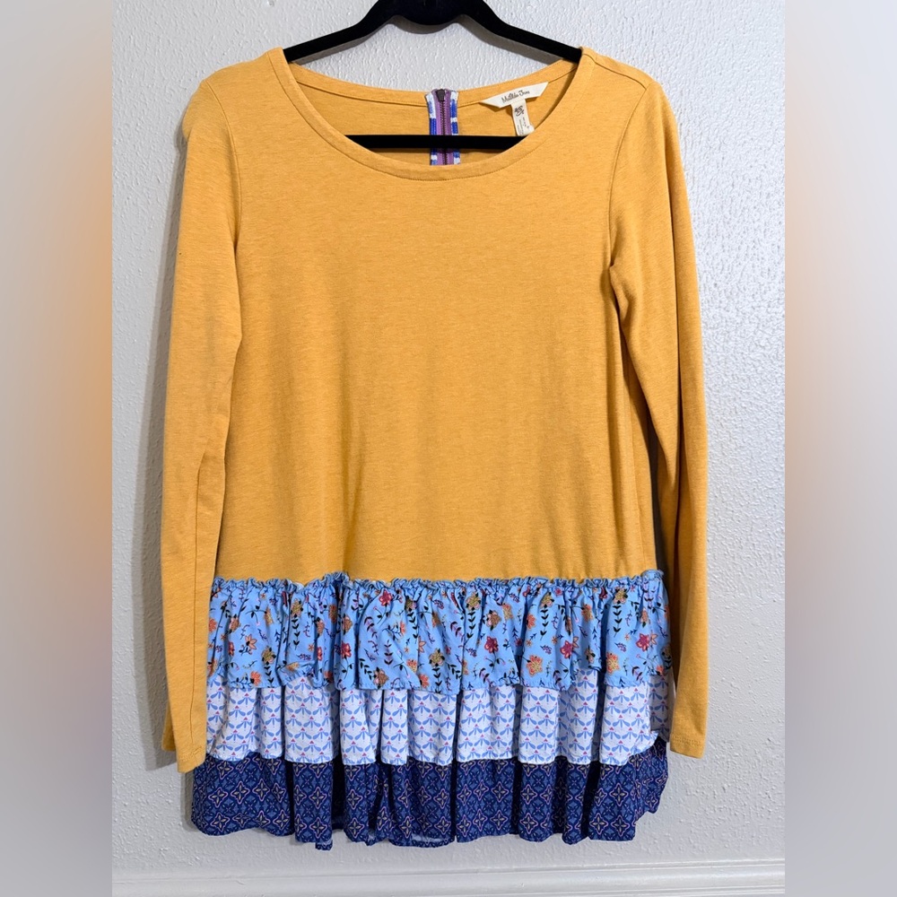Matilda Jane Women's Weekend Vibes Relaxed Mustard BOHO Ruffle Tunic Top XS